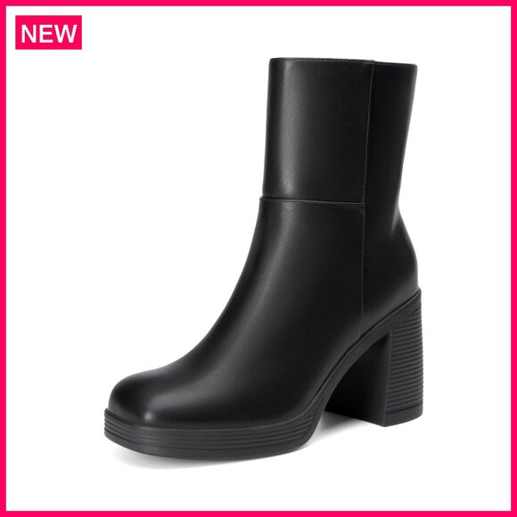 Platform Ankle Boots Chunky Heels Square Toe Side Zipper Party Dress Shoes